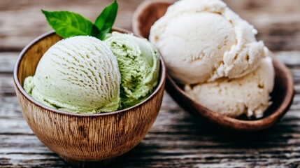 Delicious Green Tea   Vanilla Ice Cream Scoops in Bowls