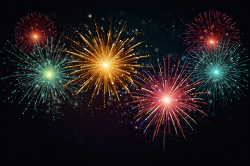 Fototapeta premium festive decorative colorful fireworks explosions isolated on dark background. Holyday decorative elements and Congratulation banner.