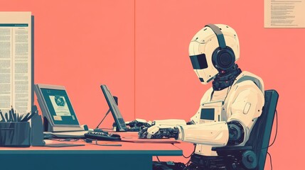 Naklejka premium Robotic worker at desk with dual screens documents and headphones in a minimal art style