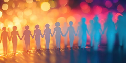 Fototapeta premium Row of interconnected white paper figures holding hands, casting vibrant colorful shadows on a soft-focus background with bokeh lights, symbolizing unity, diversity, and togetherness.