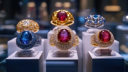 Fototapeta premium Collection of sapphire and ruby rings arranged in a high-end boutique showcase.