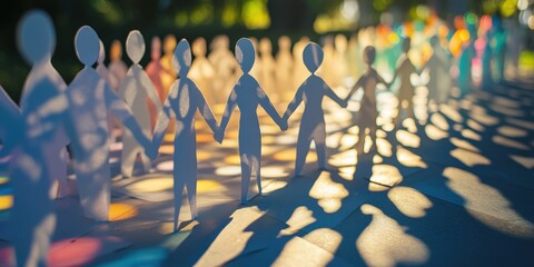 Obraz premium Row of interconnected white paper figures holding hands, casting vibrant colorful shadows on a soft-focus background with bokeh lights, symbolizing unity, diversity, and togetherness.