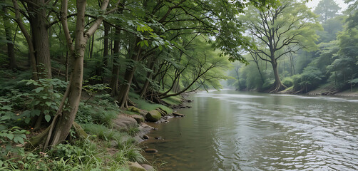 Obraz premium Lush Riverbank: Trees growing along the bank of a gentle river, with water flowing peacefully by.