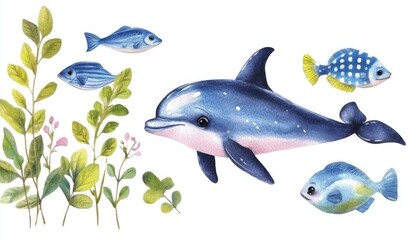 Fototapeta premium Colorful underwater scene featuring a playful dolphin swimming among various fish and aquatic plants