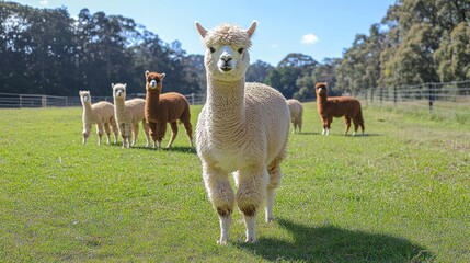 Fototapeta premium Photo of cute alpacas on green grass.