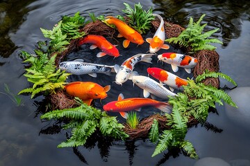Colorful koi fish swimming in tranquil pond nature scene photography serene environment