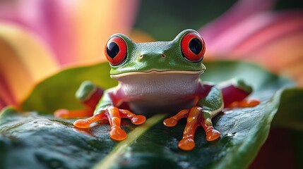 Fototapeta premium Red eyed frog sitting on a leaf with a colorful background. Cute frog with a high resolution photography.