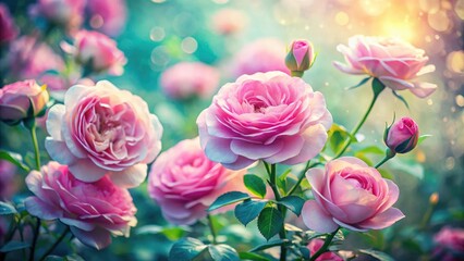 Fototapeta premium AI-generated double exposure: a surreal pink rose garden, blending fantasy and floral photography.
