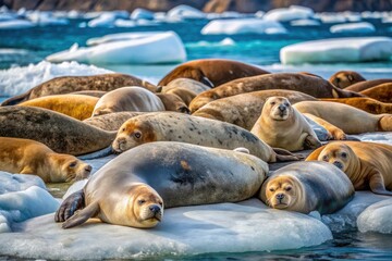 Fototapeta premium AI-generated image: Sea lions rest, showcasing the rule of thirds amidst an arctic wildlife scene of ocean mammals.