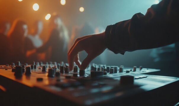 DJ's hand adjusting music on turntable at club party with dancing crowd in the background, vibrant nightlife scene, Generative AI