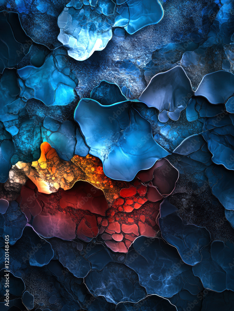 Poster a mesmerizing abstract artwork featuring an intricate blend of blues, reds, and oranges, creating a 