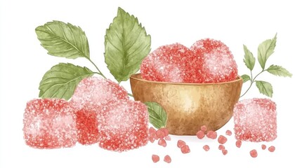 A vibrant arrangement of fruit-flavored jelly candies surrounded by fresh green leaves in a rustic bowl
