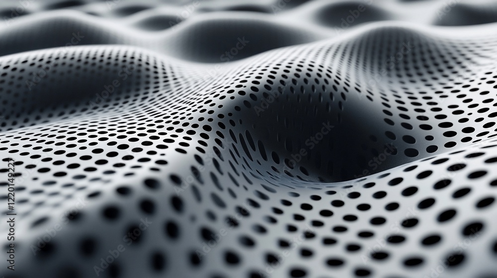 Poster abstract gray perforated metal surface: a 3d rendering of wavy texture with circular holes