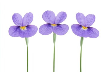 Three vibrant purple flowers with delicate petals and green stems against a clean white background