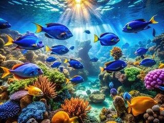 A kaleidoscope of colorful fish swims in a breathtaking aerial view of a tropical aquarium.