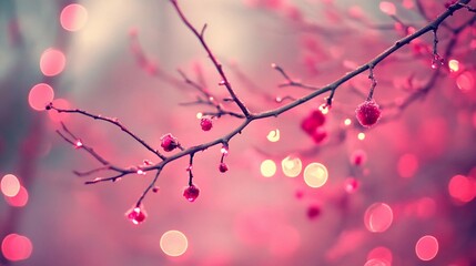 Winter Wonderland: Delicate Branch with Pink Berries and Sparkling Lights