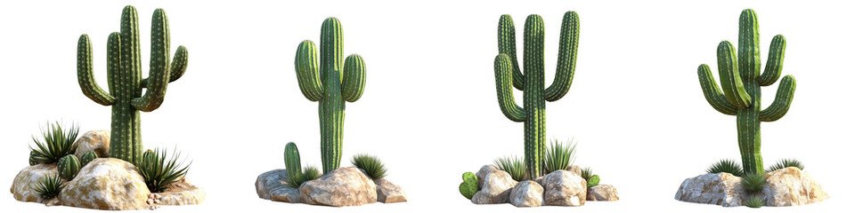 set of Multiple cactus plants of various sizes, arranged in a group, a single cactus plant with a blooming pink flower, on a transparent backgrounds