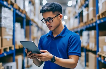 Warehouse Worker Using Digital Tablet for Inventory Management, Modern Technology in Logistics