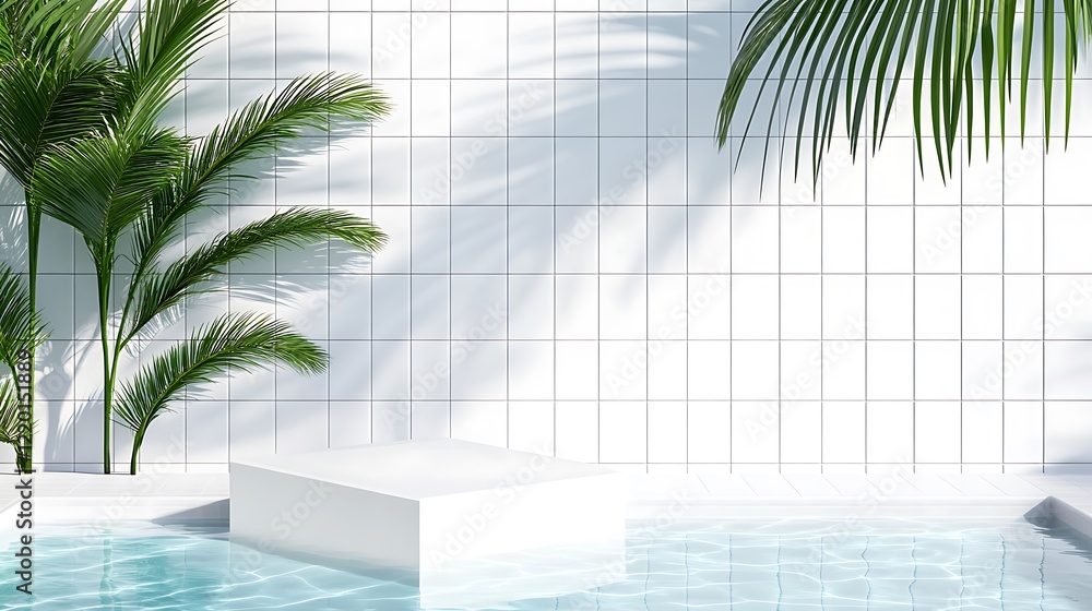 Poster minimalist display platform surrounded by greenery and soft shadows for modern decor