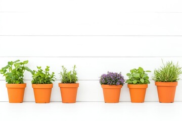 Fototapeta premium A vibrant arrangement of potted herbs and flowers on a minimalist white wall, showcasing nature's beauty