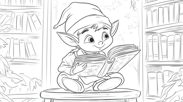 Elves coloring pages for kids. Curious elf reading a book on a stool in a cozy library setting