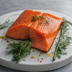 A fresh salmon fillet with a vibrant orange hue and a sprig of dill on a white cutting board.