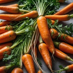 A bunch of vibrant orange carrots with their leafy green tops on a clean white backdrop.