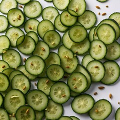 A sliced cucumber showing the seeds and texture, placed on a glossy white surface.