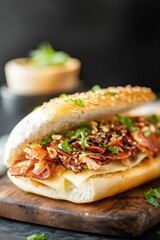 Delicious Sesame Roll Sandwich with Melted Cheese Ham and Spicy Seasoning