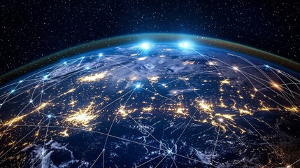Stunning View of Earth from Space with Digital Network Connections Illuminating Global Cities at Night