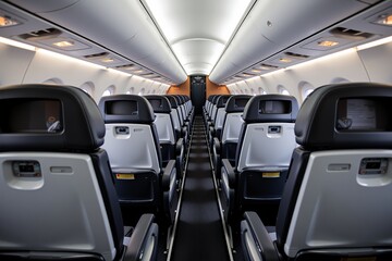 Empty Airplane Cabin Interior Rows of Modern Airline Seats Overhead Compartments Aisles