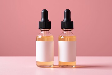 Naklejka premium Two Amber Glass Dropper Bottles with Blank Labels on Pink Background Cosmetic Product Mockup