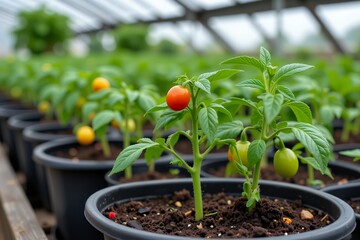 Greenhouse Tomato Plants Growing in Pots Ripe Red and Green Cherry Tomatoes