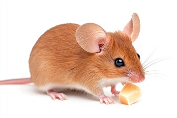 Fototapeta premium A close-up of a cute brown mouse nibbling on a piece of cheese against a clean white background