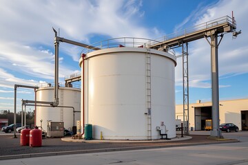 Obraz premium Industrial White Storage Tanks Exterior View Piping Cloudy Sky