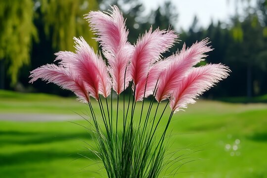 Vibrant pink pampas grass decoration lush green garden floral arrangement nature close-up aesthetic