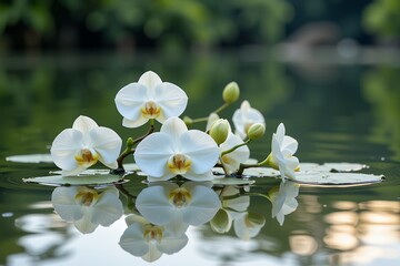 Serene White Orchids Floating on Calm Water Peaceful Nature Scene Botanical Beauty