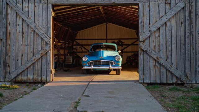 Blue Classic Car in Rustic Barn