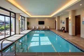 Indoor Luxury Resort Pool Tranquil Swimming Pool with Lounge Chairs and Large Windows