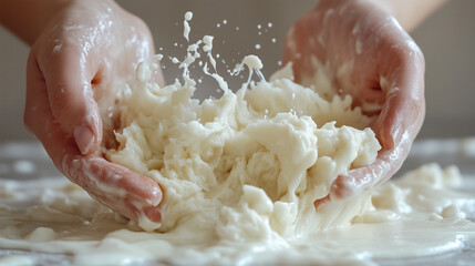 Obraz premium Creamy Dough Being Kneaded in Hands