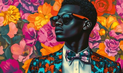 Contemporary Pop Art Portrait of Stylish Man in Floral Suit with Bold Colors on Blooming Blue...