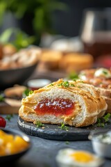 Delicious Peanut Butter and Jelly Sandwich Slices on Dark Slate Plate Close Up