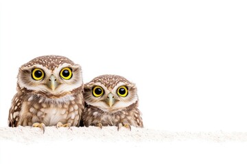 Fototapeta premium Two adorable owls with large yellow eyes perched on a sandy surface against a white background