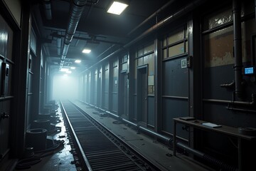 Naklejka premium Atmospheric Industrial Corridor Dark Moody Subway Tunnel with Rails and Doors