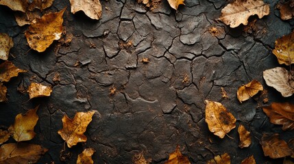 Obraz premium Autumnal Ground: Dry Cracked Earth Adorned with Fallen Golden Leaves