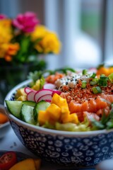 Delicious Salmon Poke Bowl with Mango Cucumber and Radishes