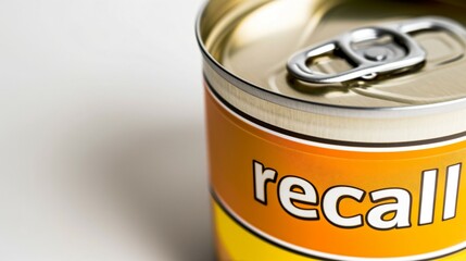 Close-up of unopened canned food with recall label on clean white background, slight tilt emphasizing label, copy space for text.