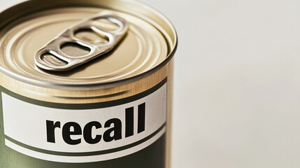 Close-up of unopened canned food with recall label on clean white background, slight tilt emphasizing label, copy space for text.