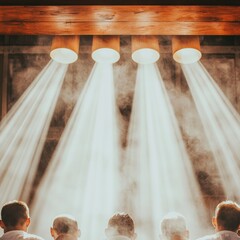 Dramatic Spotlight on Men in Smoky Room  Backlit Figures  Mystical Atmosphere   Illuminate