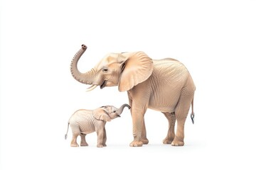 Obraz premium A playful baby elephant interacts with its mother in a serene, white background setting, symbolizing family bonds